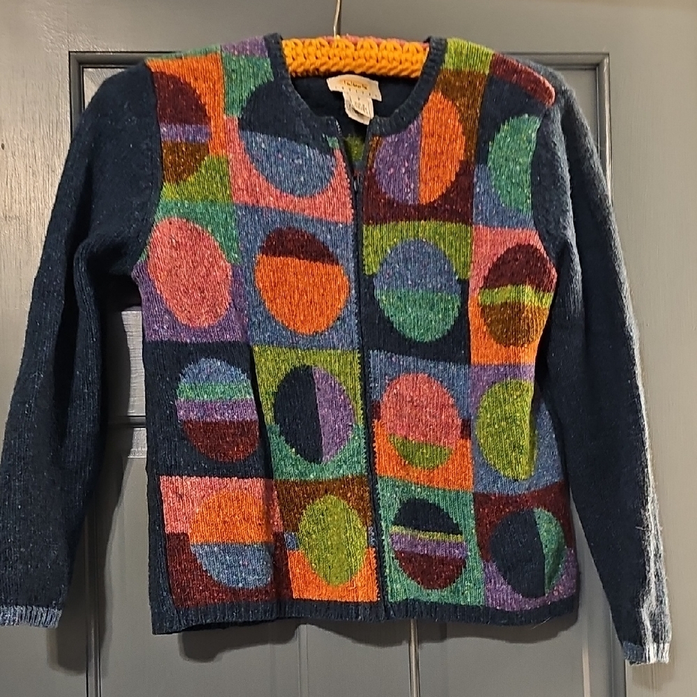 100% Wool Talbots Vintage 90s Geometric Pattern Sweater Cardigan Zipper Small